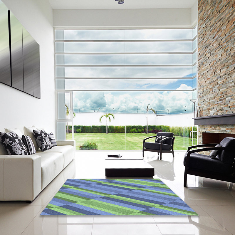 Tapis bleu/vert tissé à la machine, Carré 7 pi