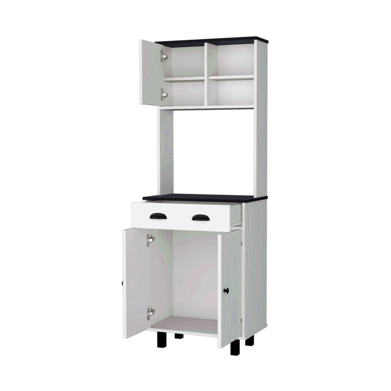 Garde-manger avec rangement spacieux, 2 tablettes ouvertes, 1 tiroir, 1 armoire, 2 tablettes, blanc et wengé