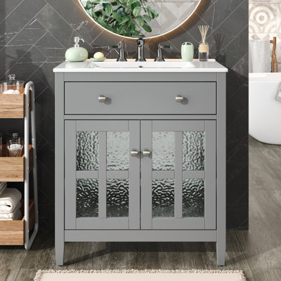 Meuble-lavabo autoportant avec lavabo en céramique et rangement réglable
