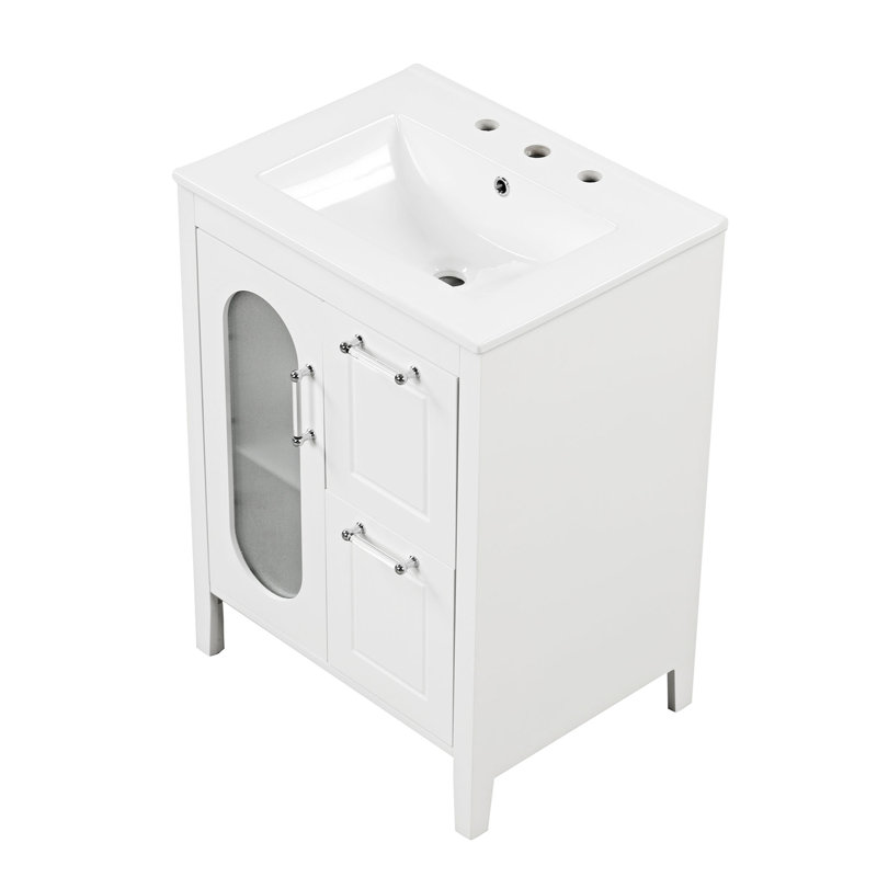 Meuble-lavabo simple 24 po avec plateau en céramique Lubertha, Blanc
