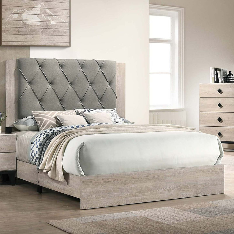 Kipperman Upholstered Platform Bed, King, Cream/Gray