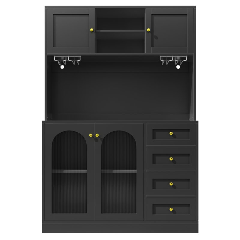 Kitchen Cabinet With Led, 4 Doors And 3 Drawers, Matte Black