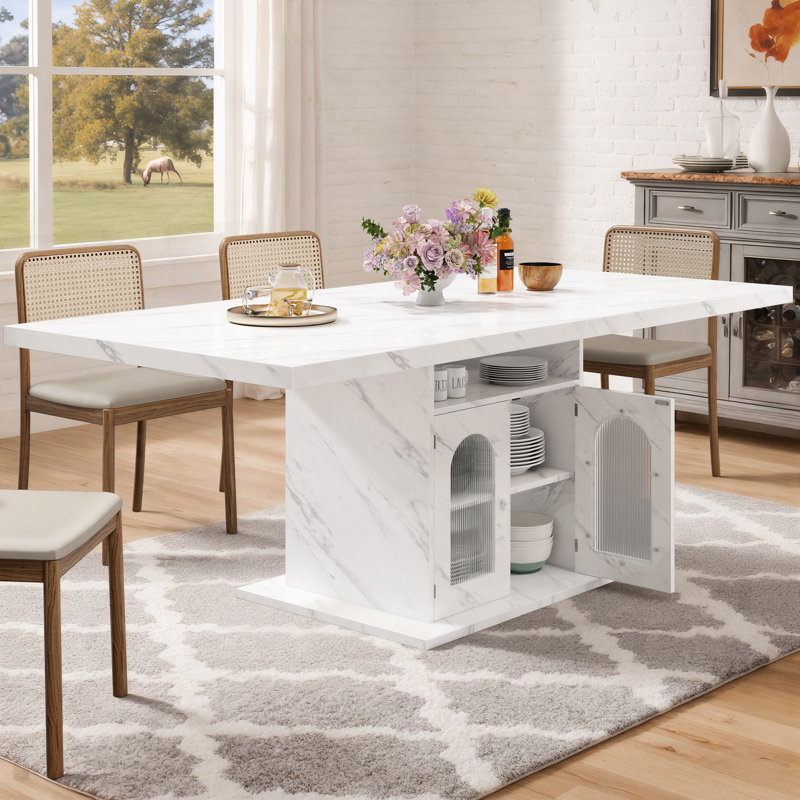 Dining Table For 4–6, 63" Modern Kitchen Dining Room Table With Storage Shelves & Acrylic Door Cabinet,wood Rectangle Dinner Table With Faux Marble Top