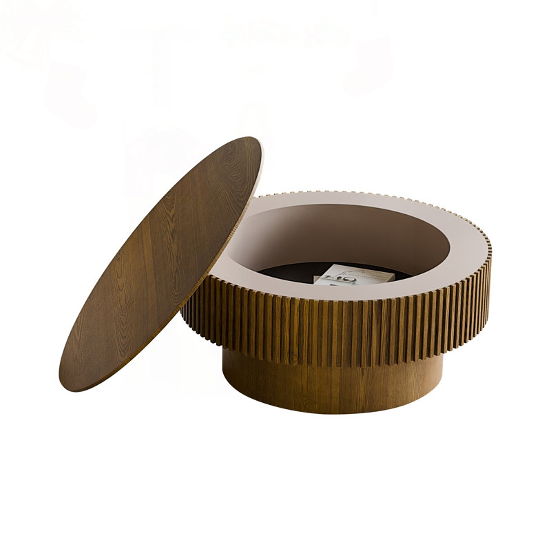 Table basse ronde avec rangement caché et conception de champignon cannelé en brun, H 14 po x l 31,5 po x P 31,5 po, Brun