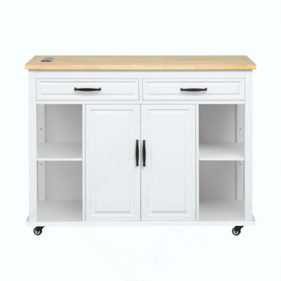 Kitchen Island With Extendable Dining Table, Rubber Wood Veneer Kitchen Table With Internal Storage Rack, Power Outlet, Kitchen Island With Storage 2 Drawers 2 Cabinet