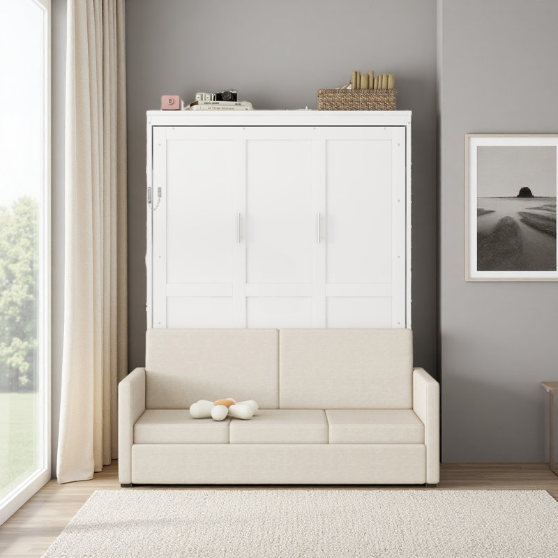 Grand lit escamotable mural avec coussin, Blanc
