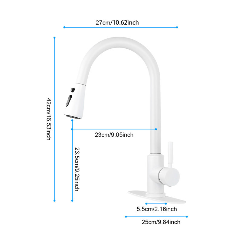 White Kitchen Faucet With Pull Out - Modern, Stainless Steel Simple Installation And Convenient Water Temperature Regulation Spray In Modern Style White, Install Easily & Use Conveniently