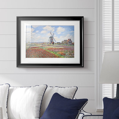 Tulip Fields with the Rijnsburg Windmill-Claude Monet - reproduction d'art encadrée avec passe-partout et verre - 1886