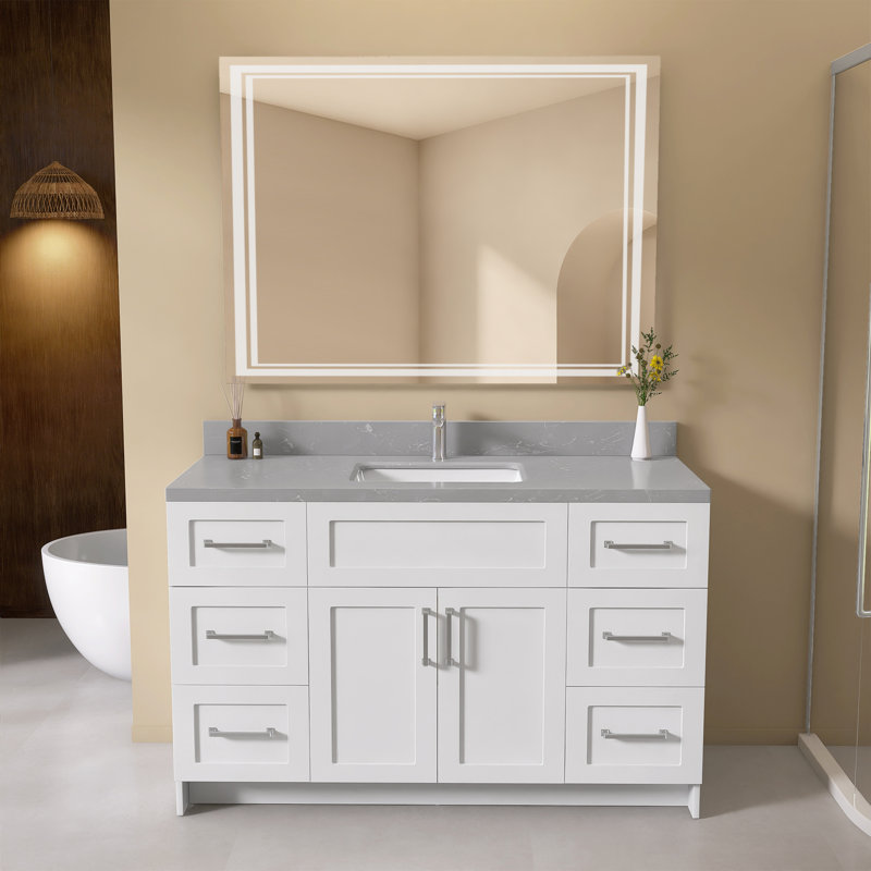 Évier intégré simple 54 po x 22 po en pierre reconstituée avec dosseret de 4 po en marbre gris