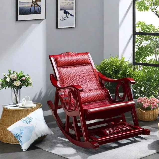 Natural rattan solid wood leisure rocking chair, Reddish Brown