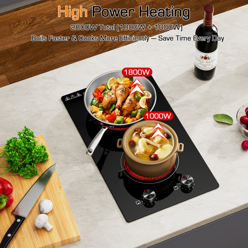 2 Burner Electric Cooktop, 12 Inch 1800w 110v Plug-in Ceramic Stove With Expandable Heating Zone