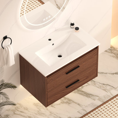 Meuble-lavabo mural brun rougeâtre de 76 cm (30 po), 2 tiroirs à fermeture amortie, armoire et lavabo en céramique pour une utilisation fluide et efficace. Une expérience élégante.