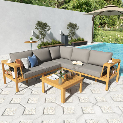 4-Piece Outdoor Acacia Wood Sofa Set, Woven Mesh Armrests, L-Shaped Patio Furniture Sofa Set With Coffee Table, Outdoor Conversation Set With Gray Cushions And Side Table