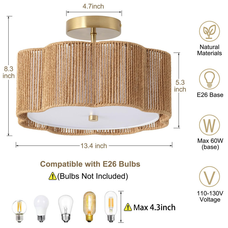 Natural Rattan Flower-Shaped Flush Mount Ceiling Light