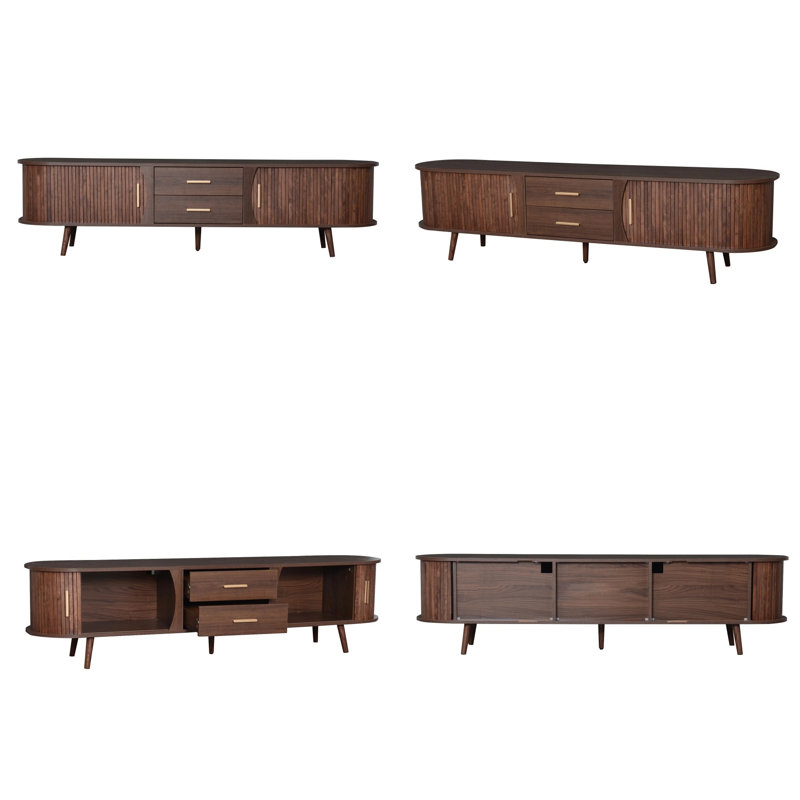 71" Mid-Century TV Stand for 80" TVs, Dark Brown Woodgrain, Sliding Doors, 2 Drawers, Solid Pine Legs