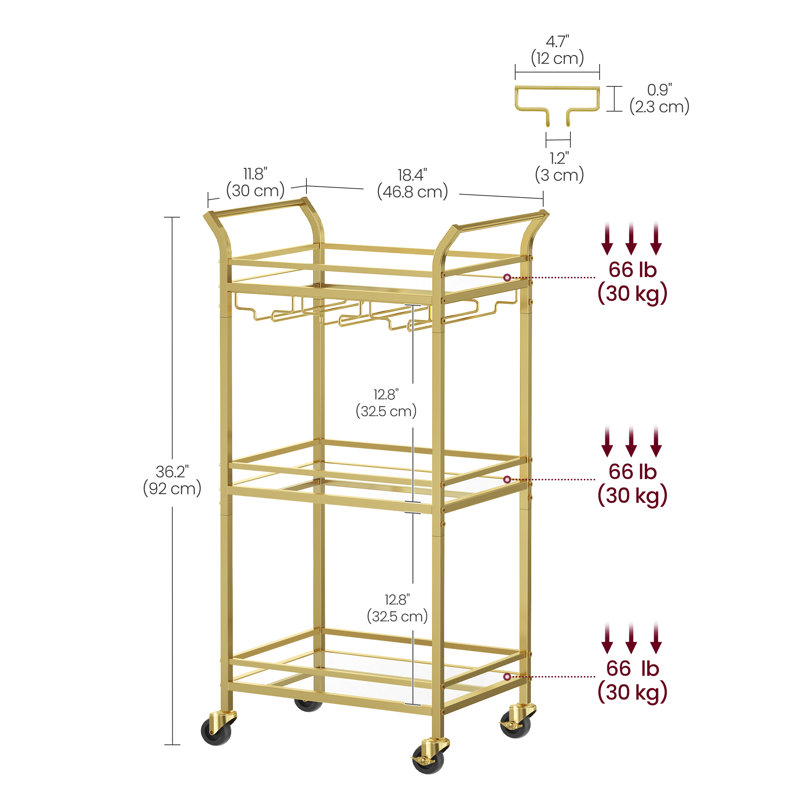3 Tier Drinks Serving Trolley Bar Cart with Mirrored Glass Shelves and Wheels, Gold, 92cm H x 46.8cm W x 30cm D