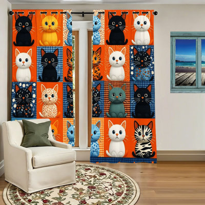 2Pcs Cute Cat Pattern Blackout Curtains, Cartoon Animal Window Drapes for Living Room Bedroom Home Decor
