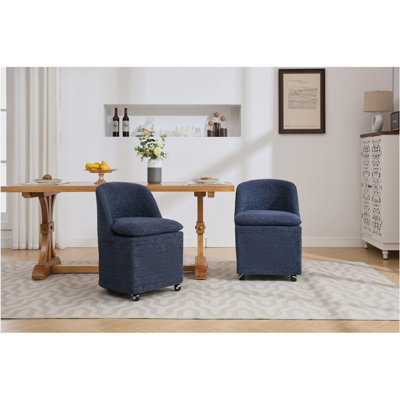 Set of 2 Chenille Fabric Dining Chairs With Universal Wheels,Beige, Blue Chenille