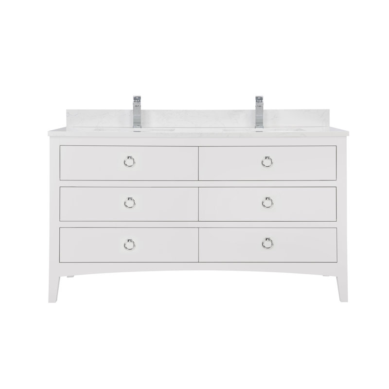 60" Solid Wood Sink Vanity With 1" Artificial Stone Top, White, Polished Chrome