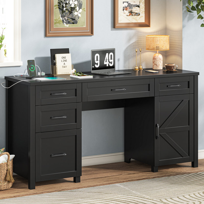 Farmhouse 61'' Executive Desk With 5 Drawers & Charging Station, Black, Black