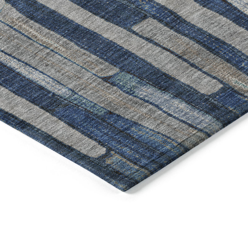 Tapis extérieur lavable rayé bleu marine et bleu denim 8 pi x 10 pi