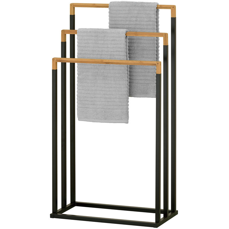 Black Metal and Bamboo 3-Tier Freestanding Towel Rack