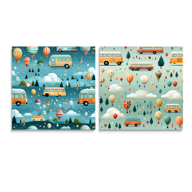 «Bus to School Parade For Childrens Room» - ensemble de 2 peintures murales en acrylique pour enfants, H 16 po x l 33 po