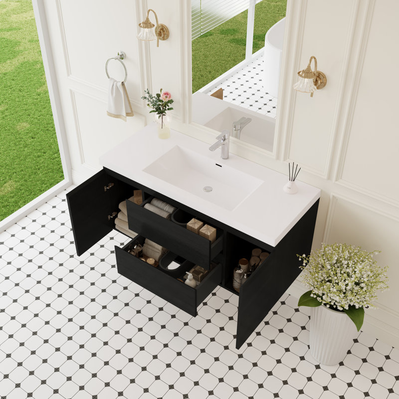 Meuble-lavabo flottant mural de 48 po avec comptoir d'évier à surface solide intégré, tiroirs à fermeture en douceur, entièrement assemblé (finition en bois noir)