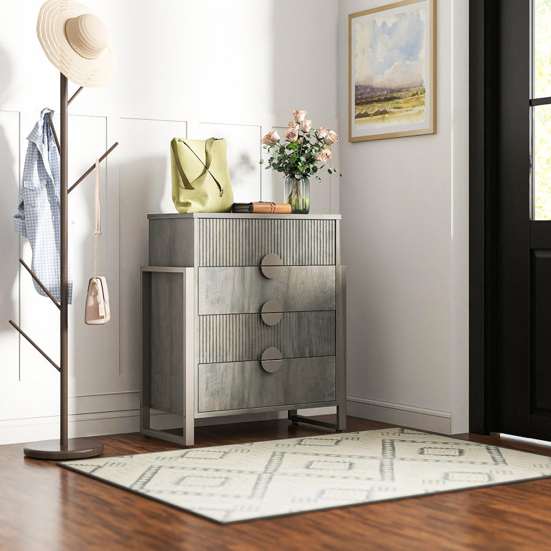 Commode 4 tiroirs cannelée Ebern Designs, Gris