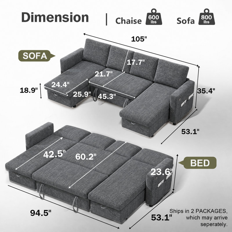 Canapé-lit modulaire coulissant de 105 po avec rangement, canapé-lit modulaire escamotable pour le salon, canapé-lit en U convertible pour appartement