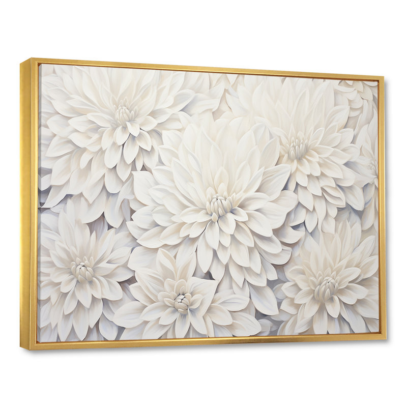 «White Dahlia Charm Collage», art mural Dahlia, H 34 po x l 44 po x P 1,5 po, Cadre flottant doré
