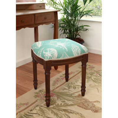 Navy Blue Seashells Linen Upholstered Vanity Stool With Distressed Gray Finish And Welting by Canora Grey