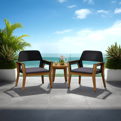 Soyan Outdoor Club Chair Set Of 2, Teak Brown Acacia Wood, Blue Fabric