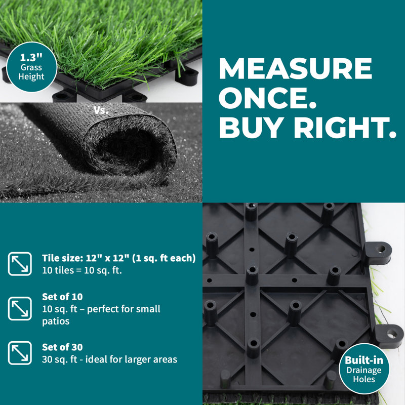 Bliss Outdoors 12"x12" Artificial PP Grass Interlocking Tiles, Green, Set of 10