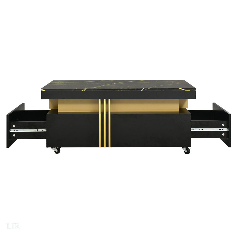 Table basse avec plateau en faux marbre, table basse rectangulaire avec roulettes, centre de table de luxe modéré, table basse