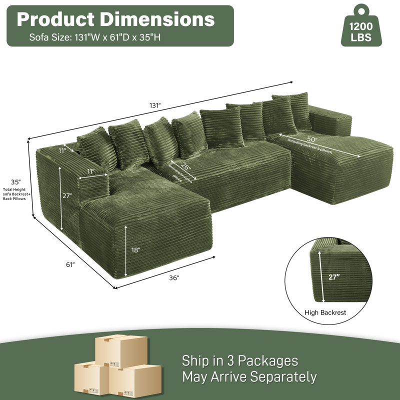 Canapé modulaire surdimensionné avec coussins Adame Boneless Compression, Velours côtelé vert, En form de U, Symétrique