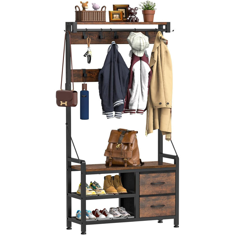 Entryway Coat Rack With Entry Bench, Freestanding With Smart Shoe Bench And Wall-Mount Design, Practical For Foyers.