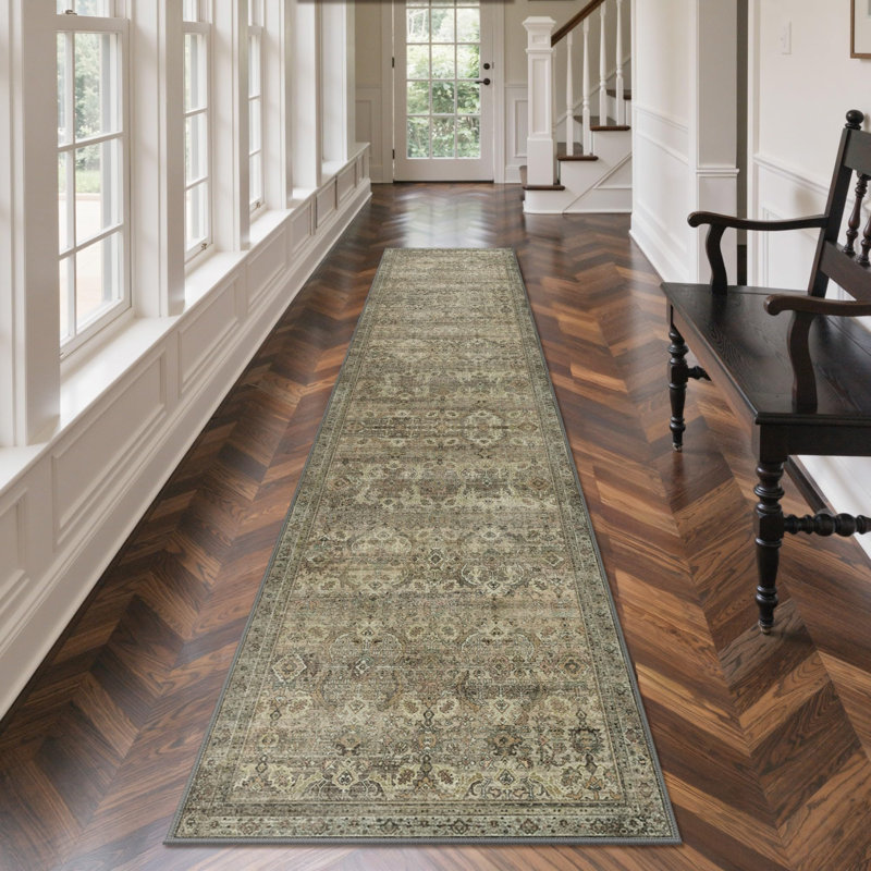 Vintage Medallion Machine Washable Area Rug - Sage Green/Celadon, Green/Brown/Beige, Runner 2' x 10'