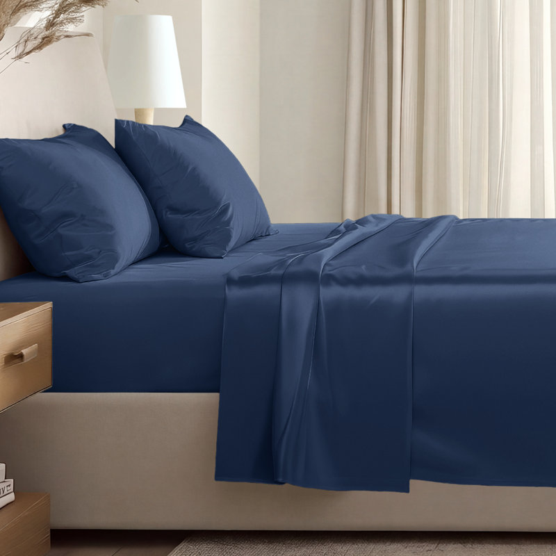 400 Thread Count Sateen Sheet Set, Queen Sheet Set with 2 Pillowcases, Dark Blue