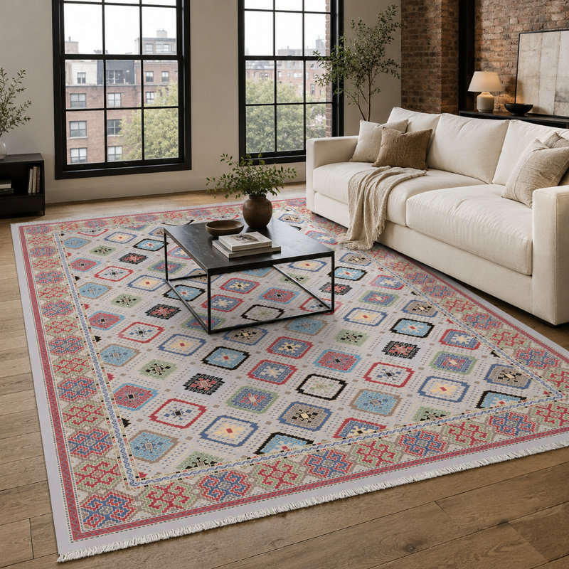 Oriental Cotton and Chenille Flatweave Area Rug, 160 cm round