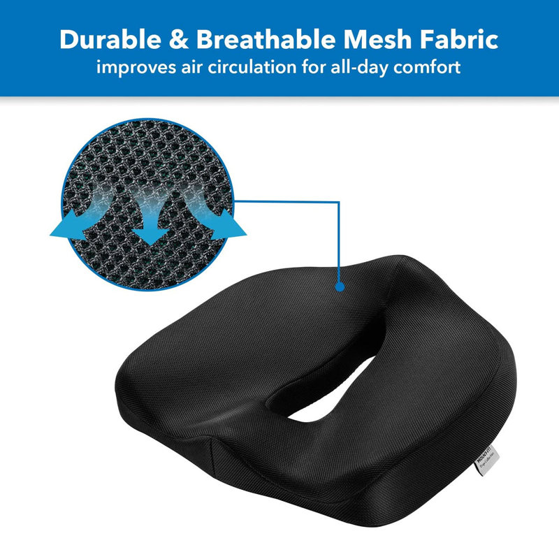 Ergonomic Black Memory Foam and Gel Seat Cushion with Mesh Cover