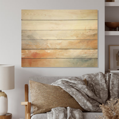 Minimal Gold And Beige Abstract River I - Northern Lights Wood Art On Natural Pine Wood