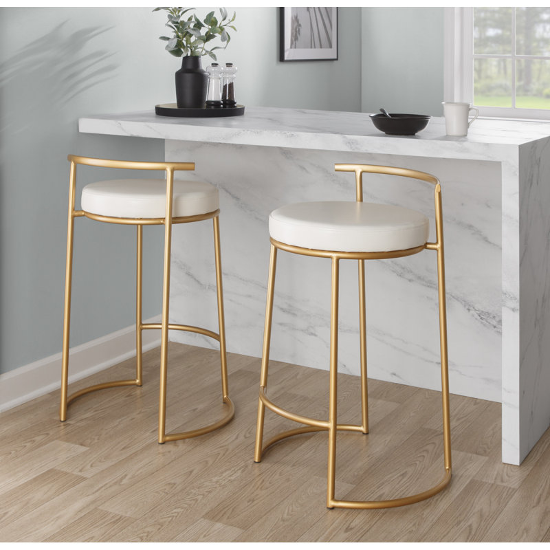 Tabouret de comptoir rond 26 po Ernestine, Métal doré, Similicuir blanc