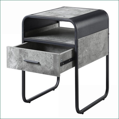 Gris béton Table basse industrielle noire avec tiroir, structure en métal durable pour le salon