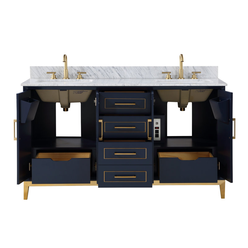 Gracie 60'' W Double Vanity, Carrara Marble, Pacific Blue