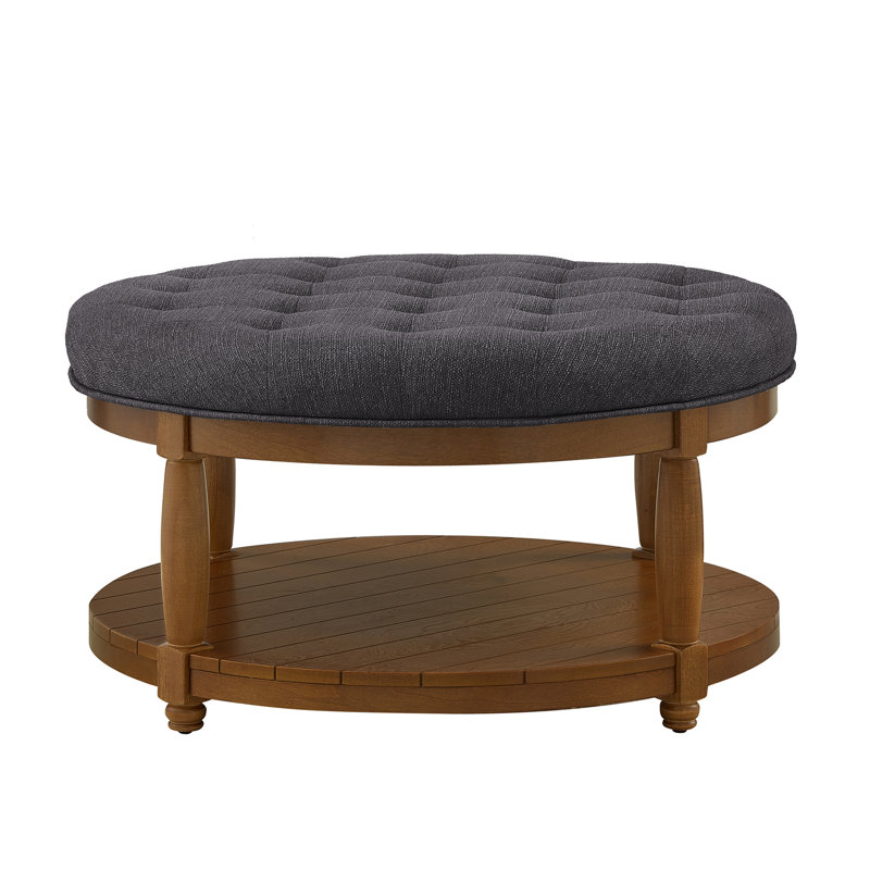Round Upholstered Tufted Linen Ottoman Coffee Table, Dark Charcoal, Natural