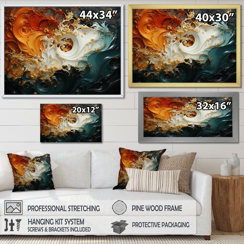 Orange et émeraude marbre lave VI - art mural abstrait, Toile tendue, H 24 po x l 32 po x P 1 po