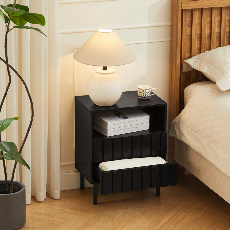 Wooden Stripe 2 Drawer Nightstand, Black