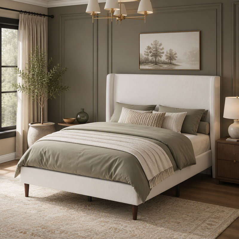 High Headboard Queen Size Bed Frame with 12-Slat Support, Easy Assembly, Chenille Upholstery, No Box Spring Needed, Beige