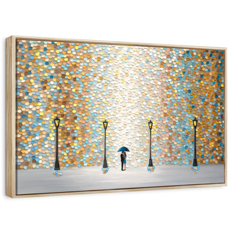 Baiser sous la pluie dorée, Cadre flottant en bois naturel, 46 po x 31 po